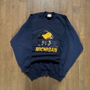 Vintage 90s nutmeg Michigan Crewneck Sweatshirt in Navy with Yellow Helmet Logo